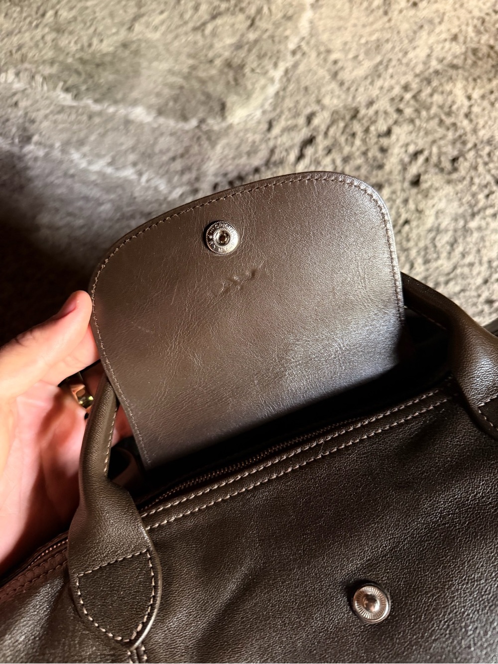 Longchamp Le Pliage Cuir Large Leather Top Handle Tote Dark Brown Shoulder Strap - Picture 11 of 13